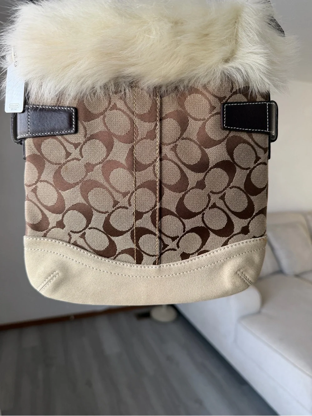 Vintage y2k Coach Brown Signature Canvas Shoulder Bag with Cream Fur Trim